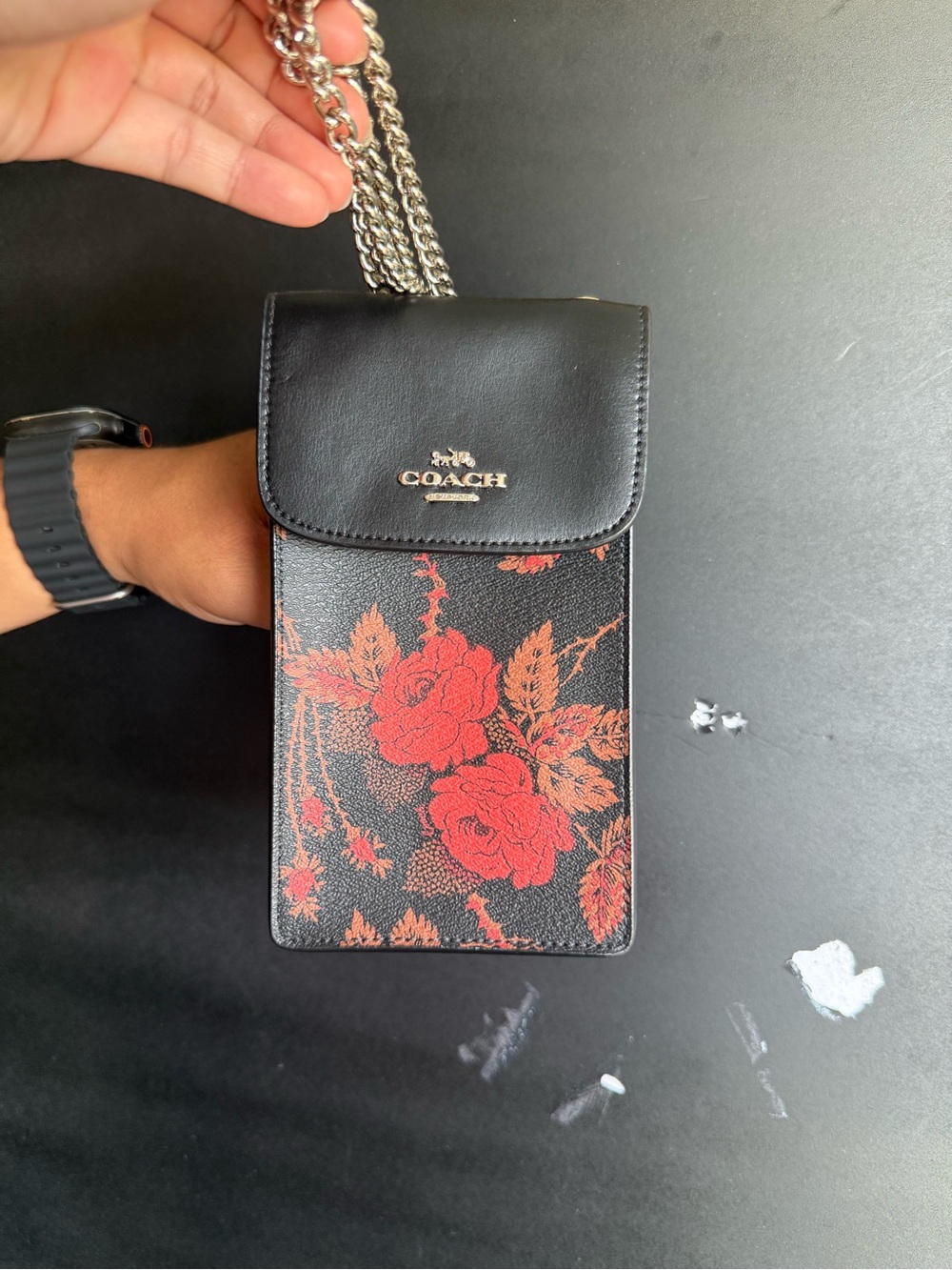 Coach Black Leather & Red Floral Crossbody Phone Pouch